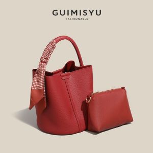 Trendy Red Wedding Bucket Bag Mother Daughter Matching Crossbody Bag Soft PU Leather Casual Shoulder Bag for Young Couples