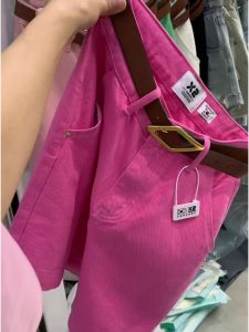High Waist Dragon Fruit Color Denim Shorts Women Summer Thin Loose Slimming Pants Pink Mid-Length Wide-Leg Five-Quarter Pants