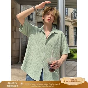 OUMULONG | Cafe Colored Hollowed Ice Silk Short Sleeve Mens Summer Stylish Breathable Casual Cleanfit Shirt