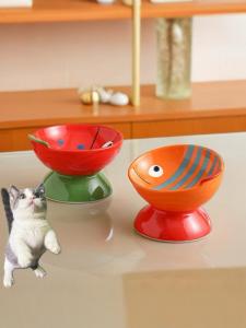 Ceramic Cat Bowl Cartoon Cute Pet Bowl Cat Food Bowl Slope Mouth Neck Protection Water Bowl Pet Food Basin Pet Water Basin