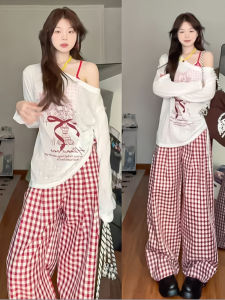 YIFANSHI | Quần Dài Ống Rộng eo Cao Kiểu Vintage Màu Đỏ