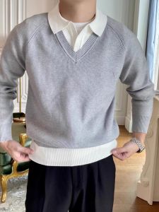 เสื้อสเวตเตอร์คอโปโลแขนยาวทรงสลิมฟิตสำหรับผู้ชาย ฤดูใบไม้ร่วง/ฤดูหนาว สไตล์เกาหลี เสื้อสเวตเตอร์ถักแบบสวมหัว