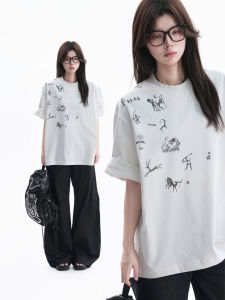 zuocisankon | Abstract Art Inscription White Loose T-Shirt