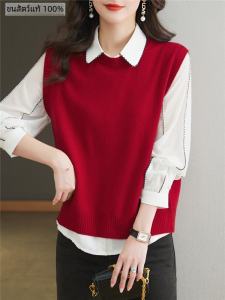 เสื้อกั๊กถักนิตติ้งคอตตอนสีแดง ทรงหลวม แขนกุด คอตตอนแท้ ทรงเข้ารูป แขนสั้น ฤดูใบไม้ผลิและฤดูใบไม้ร่วง