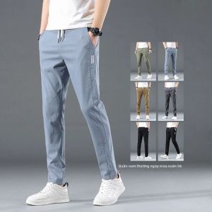 Nam Cotton Quần Âu Slim Fit Dây Rút Lưng Thun Co Giãn Xanh Dương Chạy Bộ Hàng Hóa Quần Giữa Eo Chân Thẳng