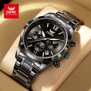 OPK Mens Watch Original Genuine Waterproof Stainless Steel Strap Calendar Chronograph Multifunctional Dial Mens Sports Watch
