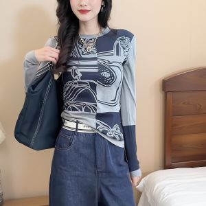 Áo Thun Cổ Tròn in Họa Tiết Dày Dài Tay Mùa Xuân Thu Thời Trang Thường Ngày Cho Nữ Áo Lót Bên Trong Chất Liệu Cotton Pha Polyester