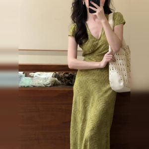 BeautyMark | French V-neck Green Floral Dress Women Summer New Waist-cinching Bodycon Unique Beautiful Long Dress A-line Skirt Short Sleeve