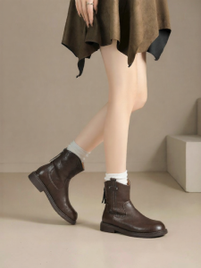 Josiny | Warm Lined Brown Coarse Heel Short Boots for Women