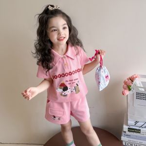 Girls Summer Outfit Set 2025 New Cartoon Short Sleeve Polo Shirt Thin Half Sleeve Shorts Two Piece Set Childrens Clothing
