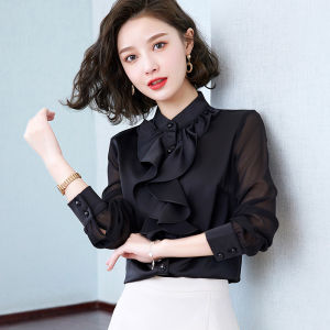 เสื้อเชิ้ตผู้หญิงแขนยาวทรงเข้ารูปสไตล์เกาหลีฤดูใบไม้ผลิและฤดูใบไม้ร่วง 2025 ใหม่ คอตั้ง เสื้อเชิ้ตผ้าชีฟองสีขาว