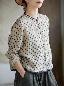 Summer 2024 New Print Cotton Lin Womens Shirt Polka Dot round Neck Fairy Artistic Retro Long Sleeve Thin Womens Shirt