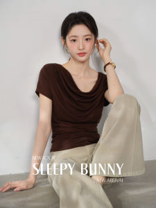 Tencel Wool Drape Hem Ruffle Drop Shoulder Short Sleeve T Shirt Slim Fit