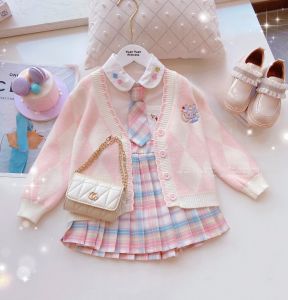 Spring Fashion College Style Girls Three-Piece Set Baby Spring Autumn New Style Childrens Internet Celebrity Top Korean Version Two-Toddler