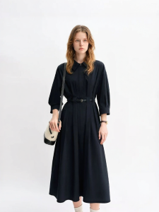 DUSHU | Vertical Stripe Pleated Design Slimming Womens Plus Size Shirt Dress