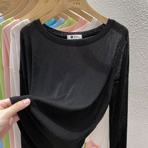 2024 Spring Thin Ice Silk Sun Protection Shirt T-shirt Womens White Long Sleeves Blouse Outer Wear Loose Casual T-shirt Top