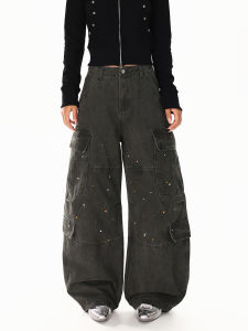 Trendy High Street Splatter Design Workwear Jeans Womens Loose Straight Leg Pants Autumn New Style American Style Natural Waist
