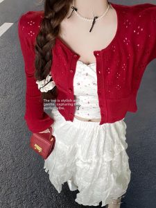 HUOLISI | Sun Protection Lightweight Summer Blouse Red Hollow Out
