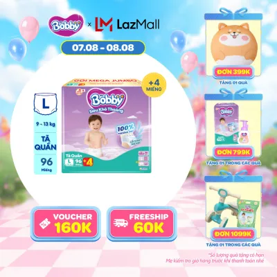 [20g 7-10.8 QUÀ TO][TẶNG MIẾNG NGẪU NHIÊN] Tã/bỉm quần Bobby 3mm Mega Jumbo Siêu khô thoáng L96