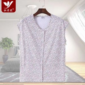 Women Vest Pure Cotton Short-Sleeved Undershirt Womens Summer Thin Cardigan Placket Button round Neck Pajamas Cotton Homewear