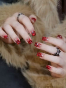 Handmade Gradient Wine Red Nail Tips Bridal Nails Super Bright Flash Diamond Short Elegant Pure Handmade Wearable Nail Tips