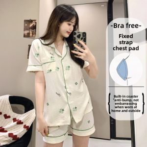 JIFANPAUL | Breast Pad Ice Silk Short Sleeve Long Pants Set Summer Lightweight Wearable