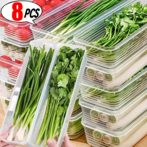 8PCS Scallions Vegetable Fresh Refrigerator Storage Boxes Food Container Cold Storage Crisper Sealed Fridge Organiser with Lid Jars