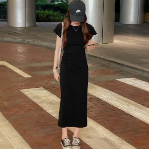 Black Slim Fit Lazy Style Dress Waist Cinched T-Shirt Womens Summer Mini Dress Bodycon Long Dress Elegant Thinming Small Size