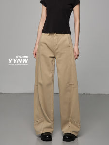 American Retro Khaki Wide Leg Jeans Womens High Waist Loose Slim Straight Cut Jeans Casual Style Cotton Denim Floor Length