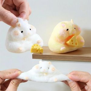 Fuzzy Cheese Hamster Squish Toy Soft Stretch Stress Relief Fidget Gadget Cute Desktop Ornament Adult Anti-Anxiety Relax Holiday