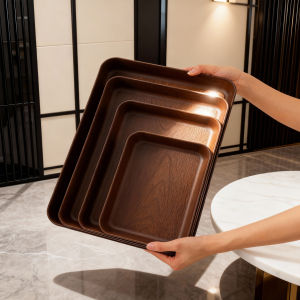WORTHBUY Multi-functional Plastic Storage Tray Deepen Wood Grain Food Serving Tray Fruit Dessert Tea Tray Kitchen Organizer