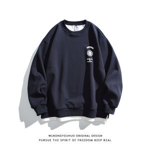 Retro round Neck Sweatshirt Mens Loose Fit Letter Print Casual Top for Autumn Season Youth Fashion Team Match Basic Shirt