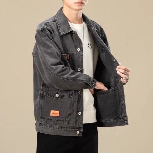 American Style Heavyweight Loose Casual Collar Denim Jacket Mens Autumn Winter Multi-Pocket Wear-Resistant Dirty Workwear Coat