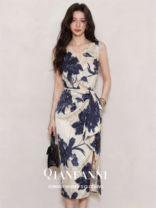 QFN | Vintage Watercolor Print Sleeveless High Waist Long Dress