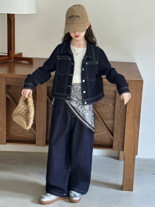 ชุดฤดูใบไม้ร่วงสำหรับเด็กผู้หญิงเสื้อแจ็คเก็ตยีนส์ลำลองชุดฤดูใบไม้ผลิและฤดูใบไม้ร่วงแบบใหม่2023เสื้อเชิ้ตผ้าเดนิมสไตล์ตะวันตกสำหรับเด็กชุดกางเกงขากว้าง