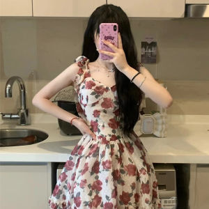 Romantic Floral Print Halter Neck Sleeveless Dress High Waist A-Line Silhouette Fresh Sweet Style Summer New Pure Desire Thinming