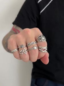 Ingemark | Ingemark 7Pcs/Set Goth Hollow Star Open Rings for Men New Trend Hip Hop Adjustable Finger Rings Grunge Jewelry Steampunk Gift