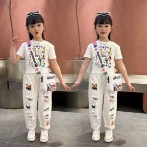 Bộ Đồ Thể Thao Mùa Hè Cho Bé Gái Quần Jeans Denim Rách Thời Trang Bộ Đồ Hai Mảnh Áo Thun Tay Ngắn Quần Áo Trẻ Em