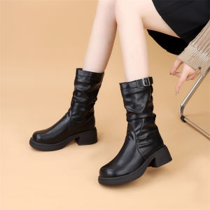 Fashion Boots Womens New 2025 Autumn Winter Fleece Lined Wide Tube Leather Casual Slimming Short Boots British Style round Toe