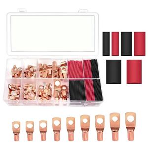 60/100/220pcs Copper Terminal Connectors AWG 4 6 8 10 12 Ring Lug Kit With Shrink Tubing 50 Battery Cable Lugs With Shrink