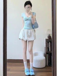 VKSOD | Sweet Sister Lace Splice Short Sleeve T-Shirt Womens Summer 2025 Miniature Lantern Flared Skirt Pants Two-Piece Set V-neck