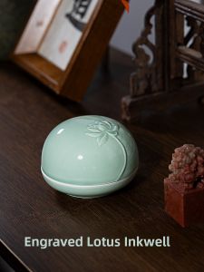 Jingdezhen Ceramic Stamp Ink Box Medium Size High Top Porcelain Vessel Ancient Style Relief Lotus Stamp Ink Pot Velvet Box Dual Dimension