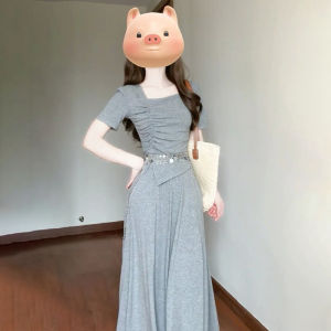 SUSIEYUAN | Petite Women Gray Dress Long Style Korean