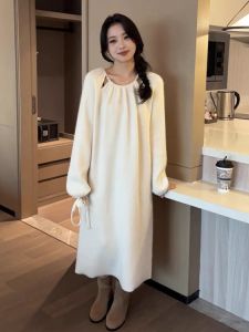 French Style Pearl Knitted Winter Dress Hollow out Waist Cinched round Neck Long Sweater Dress Women Spring Autumn Winter