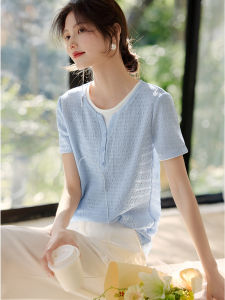 เสื้อยืดแขนสั้นผู้หญิง XWI ลายตัดต่อ ทรงสลิมฟิต ทรงเข้ารูป แขนยาว ปกกลม ผ้าโพลีเอสเตอร์ผสมยางยืดสำหรับฤดูร้อน