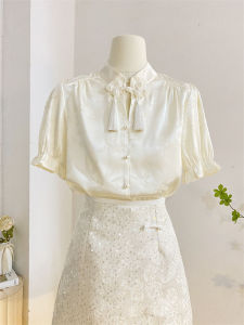 New Chinese Style Short Sleeve Cheongsam Womens Shirt Stand Collar Embroidered Satin Floral Vintage Light National Style Top