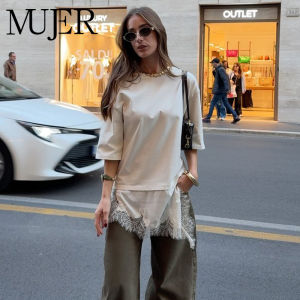 MUJER Polo Lace T Shirt Woman Contrast Casual Tank Top Women Short Sleeve Asymmetric Top Female Streetwear Loose Womens T-shirt