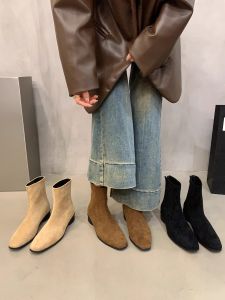 Korean Style Fleece Lined Slim Ankle Boots Womens Shoes Mid-Calf Booties Fashionable Short Boots for Autumn Winter