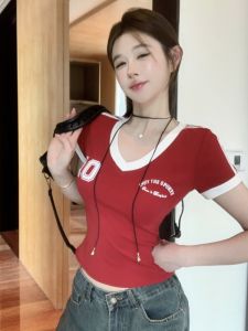 GUZILIAN | American Style V-Neck Short Sleeve T-Shirt Womens Summer New Hot Girl Slim Design Short Top Commute Style Korean Version