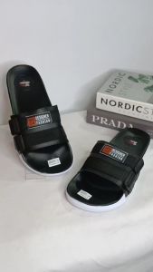 DENZHI Sandal slip on slop pria bahan kulit sintetis premium dan karet pvc sandal casual bahan tebal empuk coco buat harian warna hitam